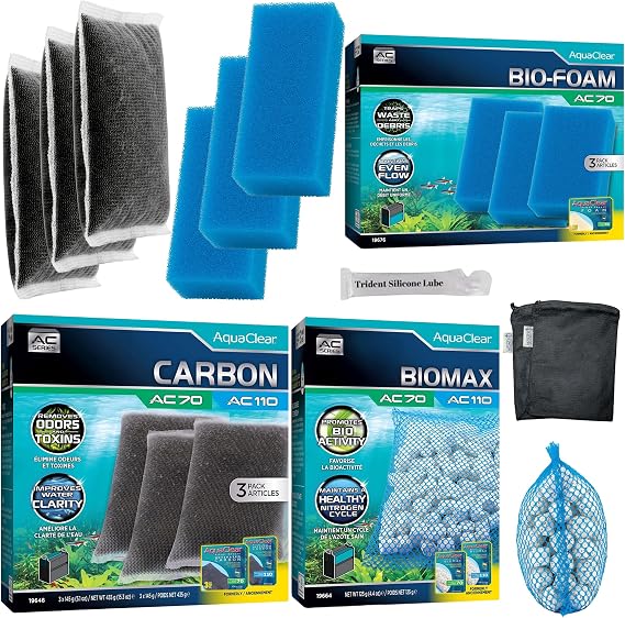 AquaClear 70 HOB Maintenance & Replacement Filter Media Kit, Including Trident Nova Mesh Bags (AquaClear Activated Carbon 3-Pack, Filter Foam Sponge 3-Pack, BioMax Media)