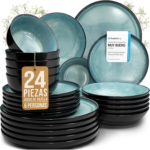 Steingut Ibiza Dinnerware Set for 6 People - 24 Pieces, Dishwasher and