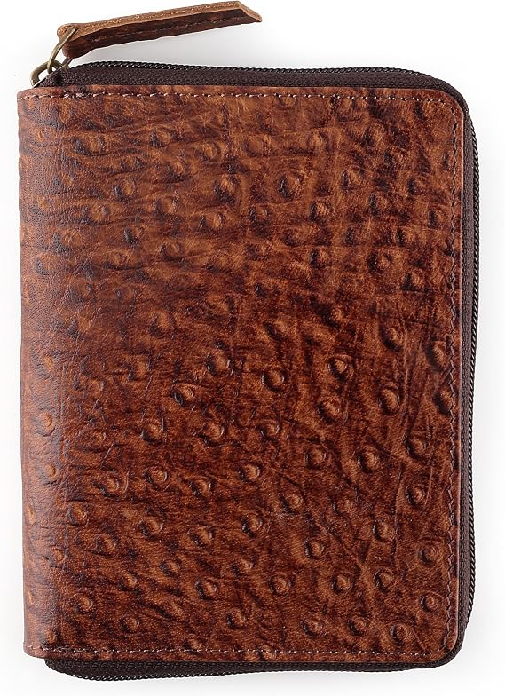 Passport Wallet - Travel Document Holder w/RFID Blocking Full Grain Leather Bifold compact zip around Wallet with Credit Card Slots for Women and Men,ostrich print,500-70
