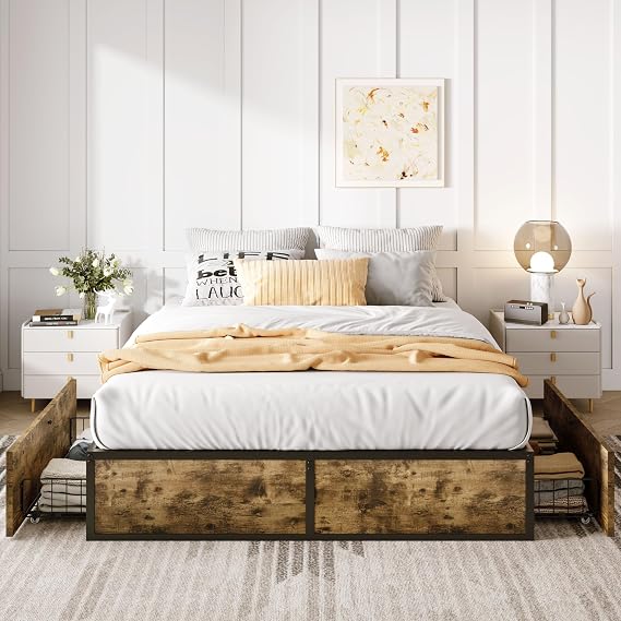 SHA CERLIN Queen Platform Bed Frame with 2 Large Storage Drawers, Rustic Wood and Metal, Noise-Free, Easy Assembly, No Box Spring Needed, Brown