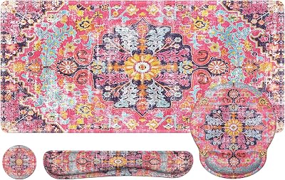 iLeadon Mouse Pad Set, Boho Desk Mat  Mouse Pad with Wrist Rest  Keyboard Wrist Rest  Coaster, 4in1 Mouse and Keyboard Pad Set for Home Office, Rug Fuchsia