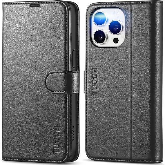 TUCCH Wallet Case for iPhone 15 Pro Max (6.7") 2023, 4 Card Holders, Black | RFID Blocking, Viewing Stand, Shockproof TPU Shell, PU Leather, Magnetic Closure, Protective Folio Flip Cover