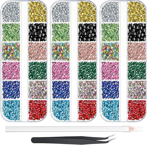 9000 Pieces Hotfix Rhinestone 3 Sizes 12 Colors Flatback Round Glass Gemstone Crystal Iron On Rhinestones Glass Stones with Tweezers and 1 Picking Pen for DIY Manicure, Face Art Clothes Bags