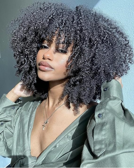 RunM Short Curly Afro Wig With Bangs for Black Women Kinky Curly Hair Wig Afro Synthetic Full Wigs(Black)