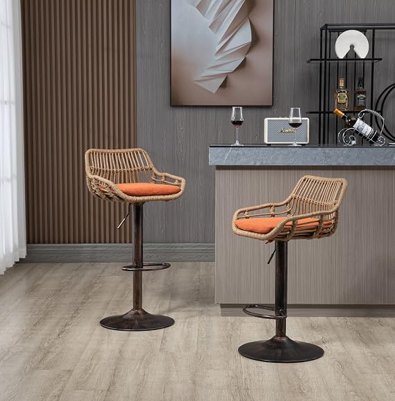 Swivel Bar Stools Set of 2, Adjustable Counter Height Barstools with Footrest, Rattan Bar Chairs for Dining Room Kitchen, Island, Bistro, Pub Chair