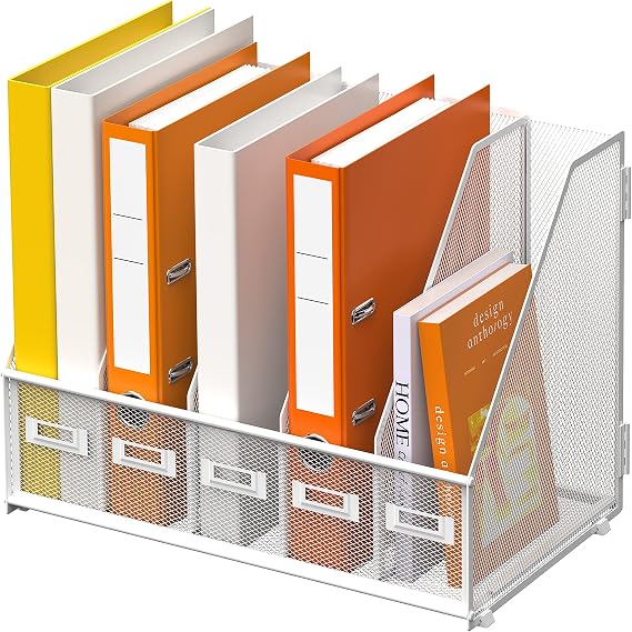 DALTACK 5-Slot Magazine File Holder, Metal Binder Holder, White | Iron Mesh Construction, Labeled Sections for Easy Sorting, Anti-Slip Feet, Binder and Folder Storage for Office, Classroom