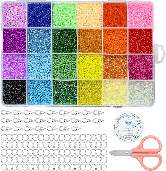 24000 adet Cam Tohum Boncukları, Küçük Midilli Boncukları Çeşitli Renk Seti Tohum Boncukları, Makası, Istakoz Tokaları, İplik Kablosu, Takı Yapımı İçin DIY Bilezik Kolye