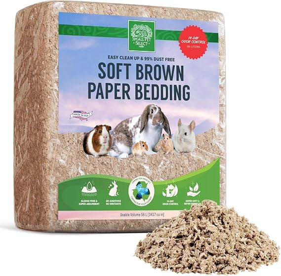 SMALL PET SELECT Premium Natural Paper Bedding for Guinea Pig, Rabbit, Hamster, Bunny & Small Animals, Soft Brown Pet Bedding With Odor Control, Made in the USA, 56L