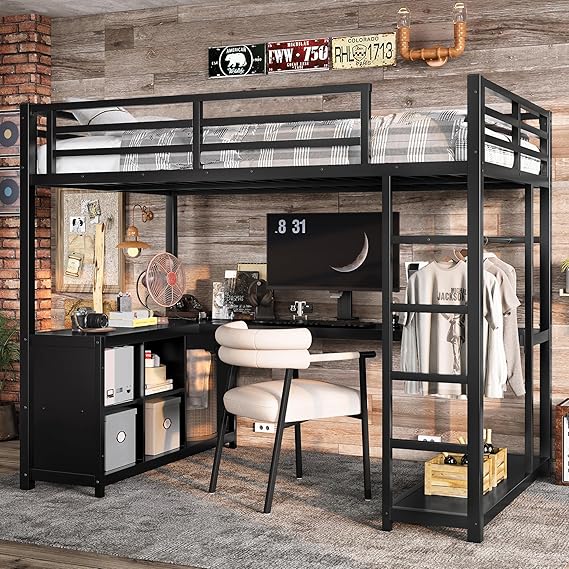 Bellemave Metal Twin Size Loft Bed with Desk and Clothes Rack,Heavy Duty Loft Bed Frame with Storage Shelves for Kids,Teens,Adults,Space Saving,Black