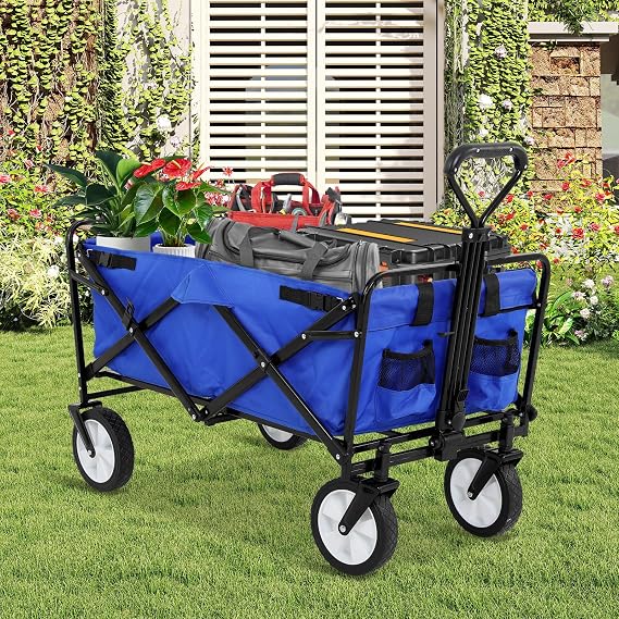 Collapsible Folding Wagon Garden Cart Outdoor Foldable Beach Grocery Wagon with All-Terrain Wheels, Adjustable Handles, Cup Holders, Side Pockets for Shopping, Camping, Picnic & Sports (Blue)