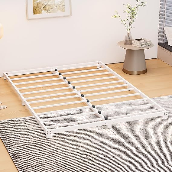 8cm Low King Size Bed frame, Metal Bed 150x200 cm, 5ft King Heavy Duty Metal Platform Bed Frame with Steel Slat Support, No Box Spring Needed, Easy Assembly, Noise Free, White