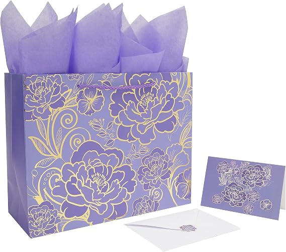 Qirrmiy 13" Large Rose Purple Gift Bag Set with Greeting Card and Tissue Paper for Women or Girls for Celebrating Birthdays, Mother's Day, Valentine's Day, Weddings, Anniversaries