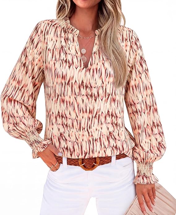 MASCOMODA Womens Boho Floral Long Sleeve Loose Chiffon Blouses