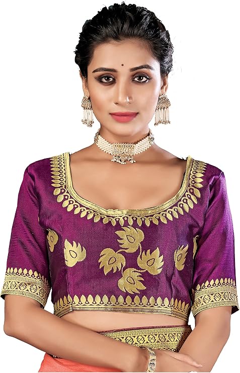 Women's Readymade Bollywood Blouse For Sarees Indian Designer Art Silk Padded Stitched Choli Crop Top Purple (S-36)