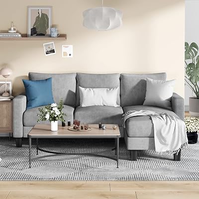 YESHOMY Convertible Sectional 3 L-Shaped Couch Soft Seat with Modern Linen Fabric, Small Space Sofas for Living Room, Apartment and Office, 70, Gray