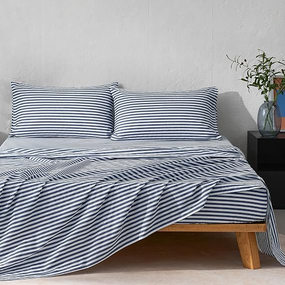 JELLYMONI 100% Cotton Sheet Set, Navy Blue Striped, Queen