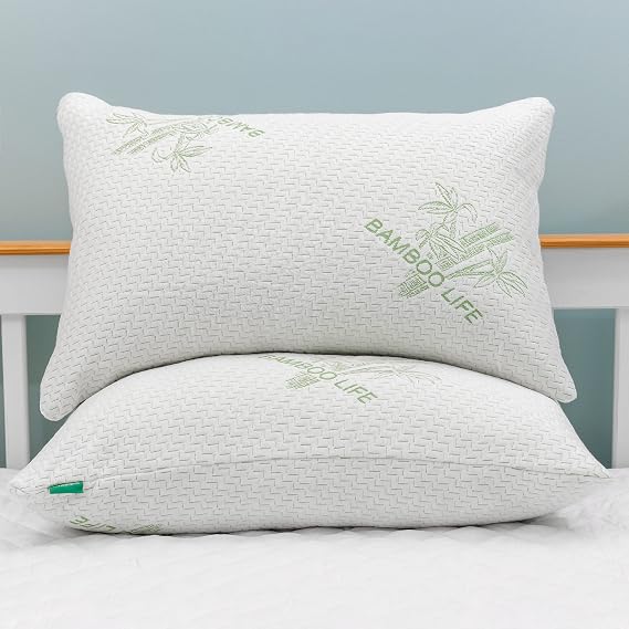King Size 2 Pack Bamboo Pillow - Premium Bamboo, Cooling Shredded Memory Foam Pillow with Washable, Removable Pillow Case, Adjustable, King Pack of 2