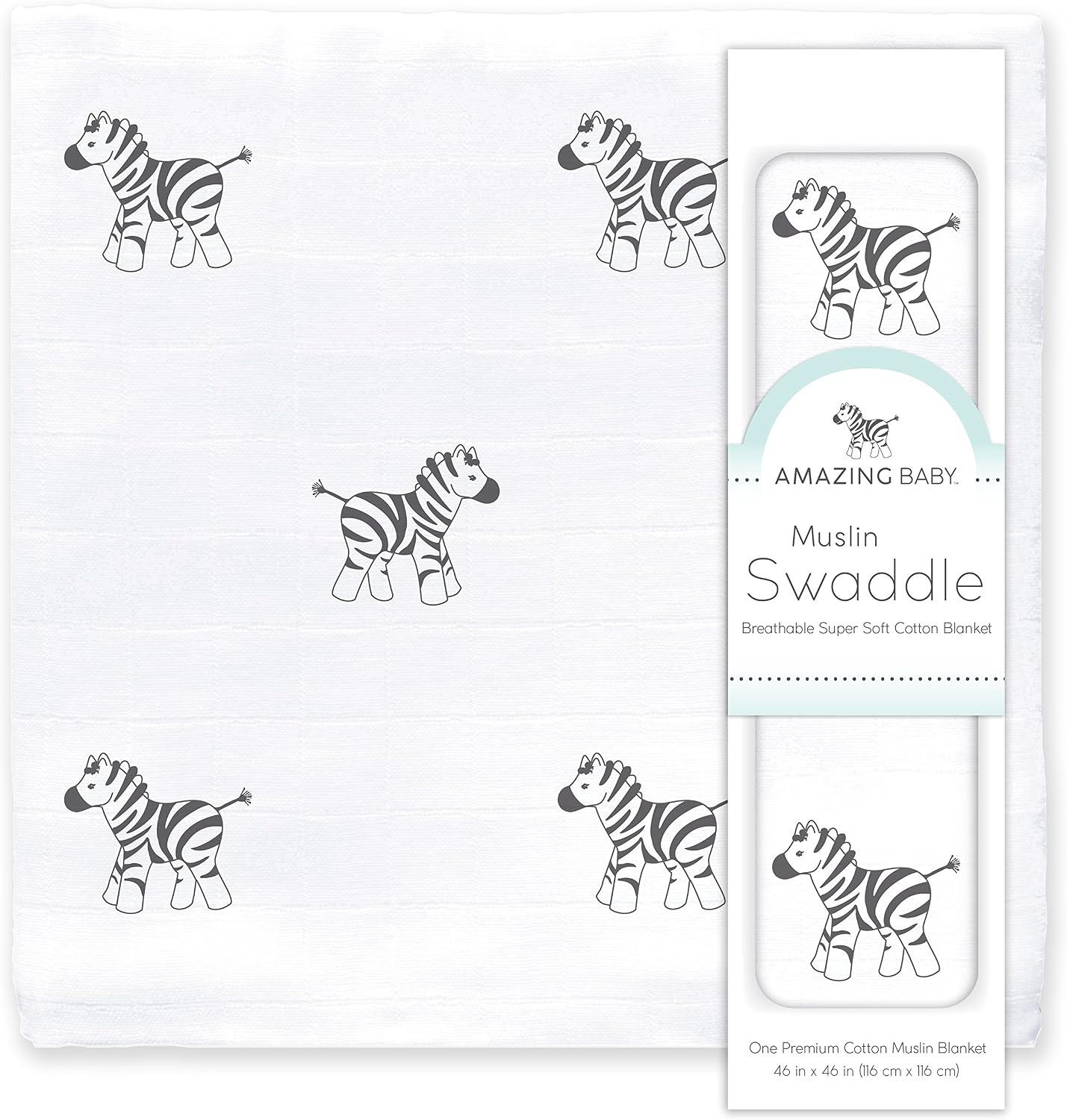 Amazing Baby Muslin Swaddle Blanket, Premium Cotton, Zebra, Black