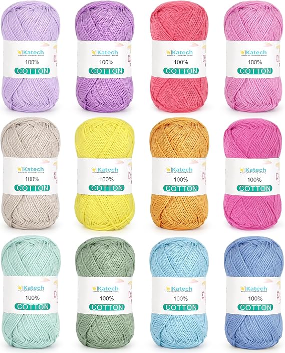 Katech 100 Percent Cotton Yarn for Crocheting & KnittingBaby Cotton Yarn | 12-Color of 137 Yards/1.76 oz Sport Weight CYC #2-Soft & Breathable-Ideal for Dishcloths, Baby Clothes, Potholders & Crafts