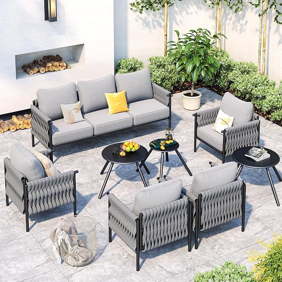 Metal Outdoor Patio Furniture Set, 8-Piece Modern Outdoor Conversation Set with 3 Coffee Tables, High-Resiliency Sponge Cushions for Porch, Balcony, Backyard