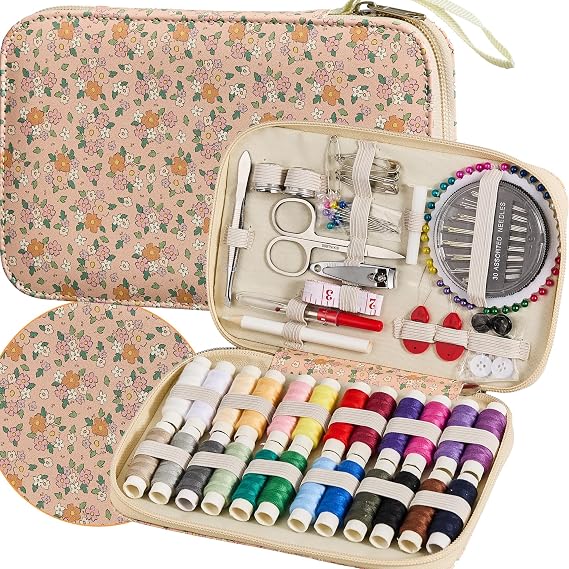 Bobode Sewing Project Kits, Floral Pattern Kit With 130 Pieces, Supplies And Accessories, Printing Set, Zipper Case, For Travel Emergencies, Home