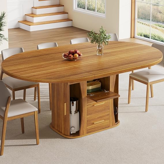 Miyemo Extendable Round Dining Table, 118-158 cm Oval Kitchen Dining Room Table with Storage for 6 People, Extends to Oval, Three-Tier Storage, for Home & Living Room, Walnut