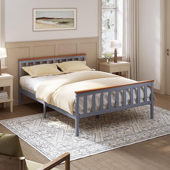 ELEGANT Double Solid Wood Bed Frame with Slatted Headboard 4ft6, 137x190cm