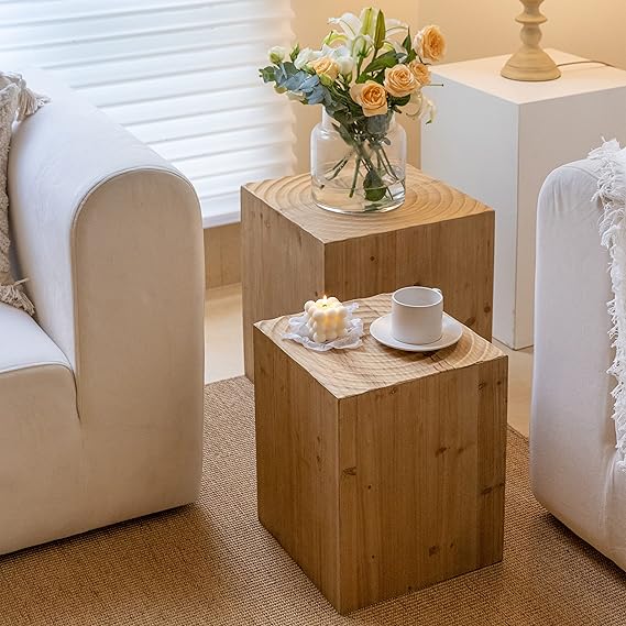 COZAYH Tree Stump End Table Set of 2, Multiple Styling Layout with Wood Tree Ring Pattern, Natural Wood Color