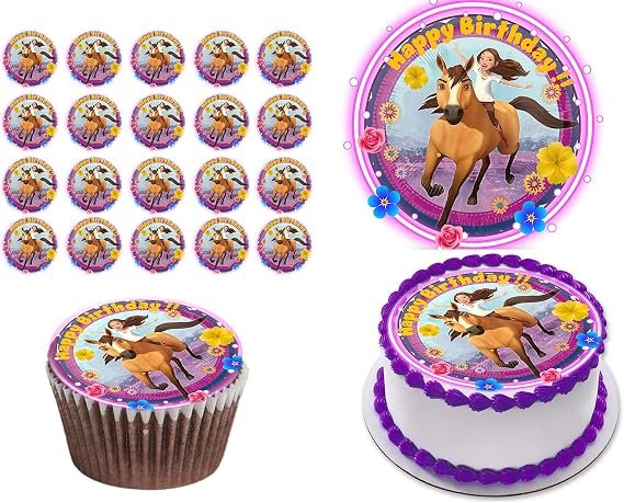 Riding free spirit edible cake topper image Horses- Birthday Icing Topper Icing sheets/Edible decoration INCLUDES: 8" round cake topper + 15 cupcake topper 2" each PRECUT