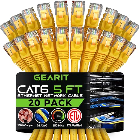 GEARit Cat6 Patch Cables Cat 6 Ethernet Cable 5 ft 20-Pack Yellow