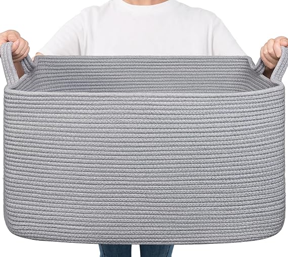 Goodpick Large Woven Rope Blanket Basket, Rectangle, Gray, 75L