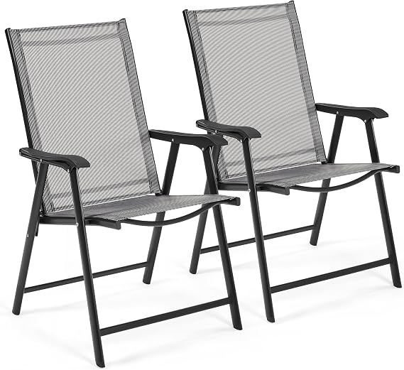 Yaheetech Folding Garden Chairs with High Back, Steel Frame, 2-Pack, Grey