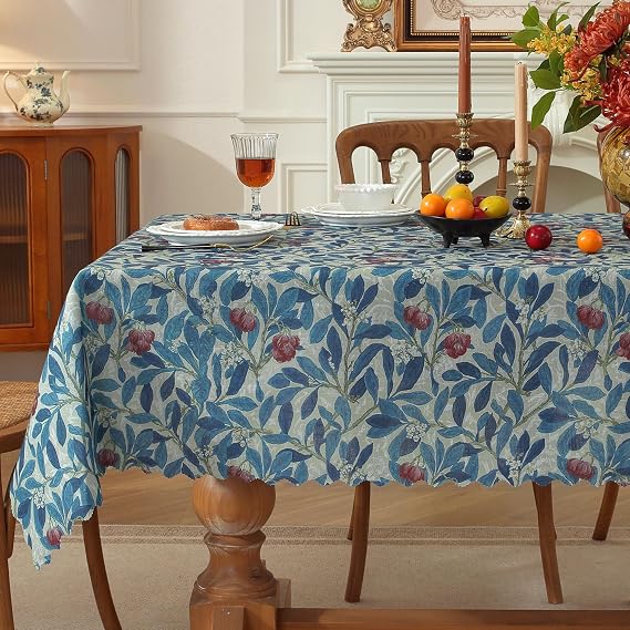 Rectangle Waterproof Tablecloth Linen Textured Table Cloth,Stain and Wrinkle Resistant Washable Fabric Table Cover for Dining, Party, Camping and Outdoor, 52 x 70 Inch, Blue Leaves
