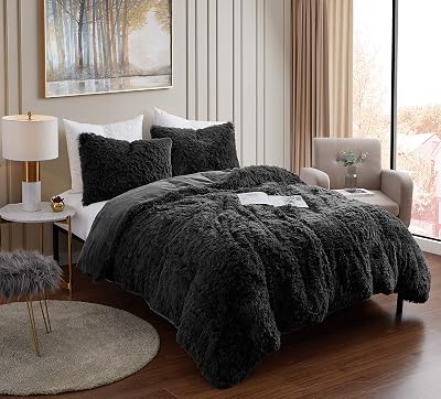 Plush Shaggy Comforter Set Ultra Soft Luxurious Faux Fur Decorative Fluffy Crystal Velvet Bedding with 2 Shams, Queen, Black