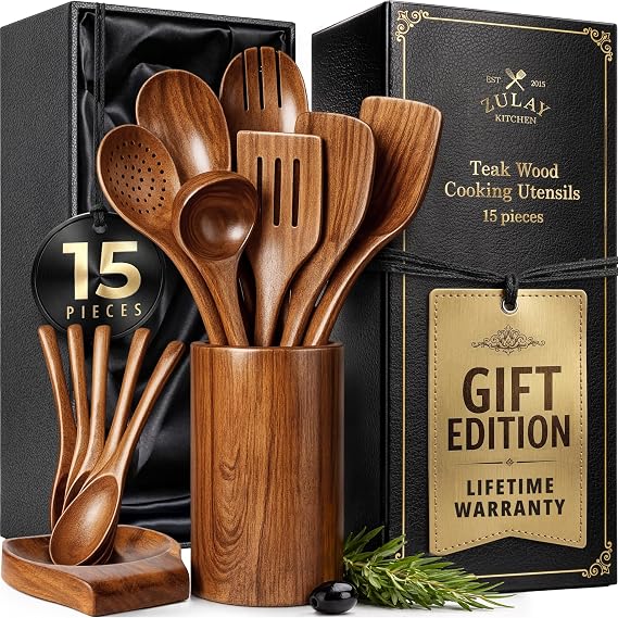 Zulay Kitchen 15-Piece Teak Wooden Utensils for Cooking - Natural Teak Utensil Set with Premium Gift Box - Non-Stick Wooden Spoons for Cooking - Kitchen Gift Set - Comfortable Grip Wooden Utensil Set