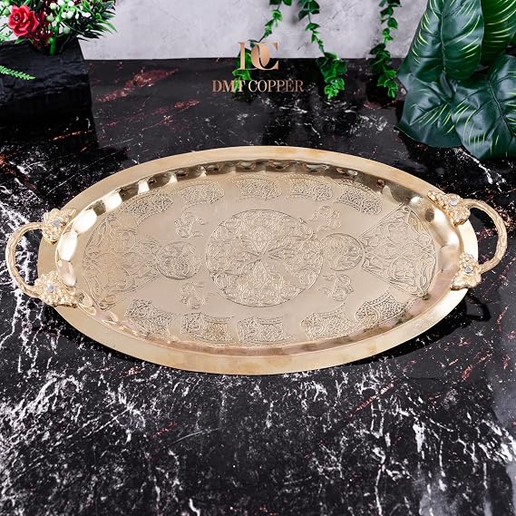 El Yapımı Bakır Tepsi, Geleneksel Türk Tasarımı, Oymalı Desenli, 34.5x21.5cm, Servis ve Sunum İçin, Gaziantep Zanaatkarlığı