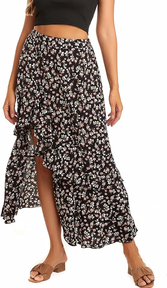 Womens Boho Floral Print Long Skirt Dress Chic High Low Side Split Ruffle Hem Elastic Waist Swing Maxi Dresses