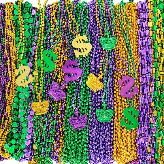 Garma 120 Pcs Metallic Bead Necklaces, Purple Gold Green Mardi Gras Decorations Beads Necklaces for Masquerade Costume Party, Gaysby Themed Party, Costume and Masquerade Parties