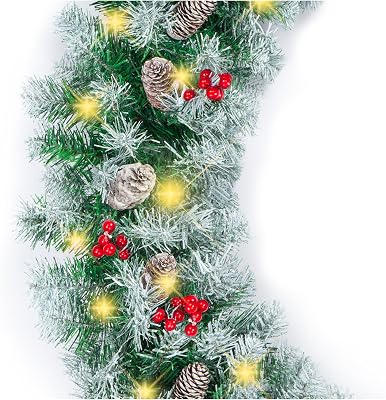Best Choice Products 9ft Pre-Lit Holiday Pre-Decorated Christmas Garland for Stairs, Fireplace, Decoration wPVC Tips, 50 Lights, Pine Cones, Berries - Semi-Flocked