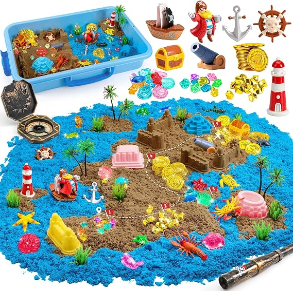 KNASON Pirate Treasure Chest Sensory Bin with Glow in The Dark Gems and Map