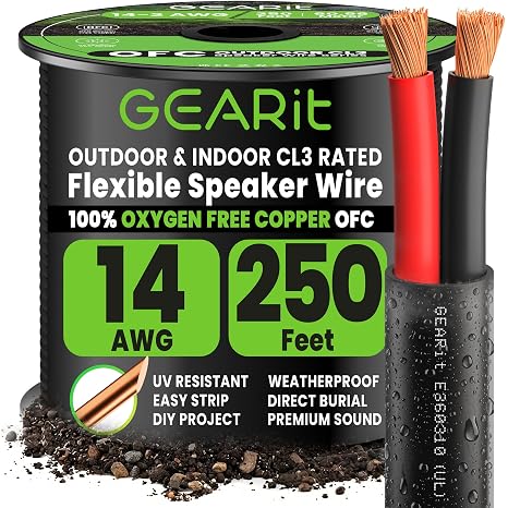 GEARit Speaker Wire 14 Gauge Black Wire 250 ft UL CL3 Rated Copper Wire