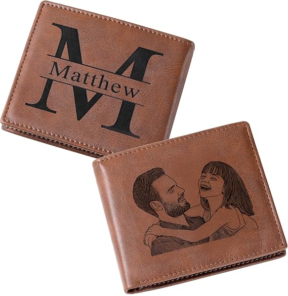 Custom Photo & Name Engraved Leather Wallet For Men - Personalized Bifold Wallet With RFID Protection, ID Window, And Hidden Slots - Brown