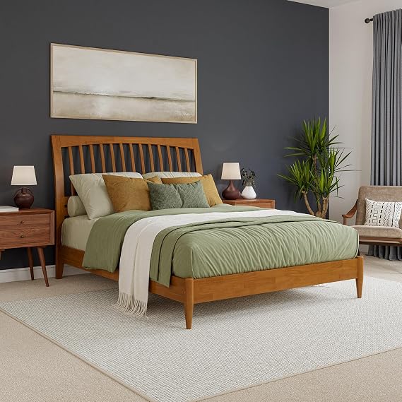 AFI, Orleans Queen Solid Wood Low Profile Sleigh Platform Bed, Light Toffee