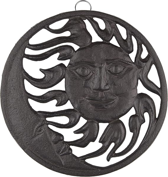 GASARE, Cast Iron Trivet for Hot Dishes, Pots, and Pans, Metal Trivet, Sun & Moon Design, Rubber Feet Caps, Ring Hanger, 8 Inches, Brown, 1 Unit