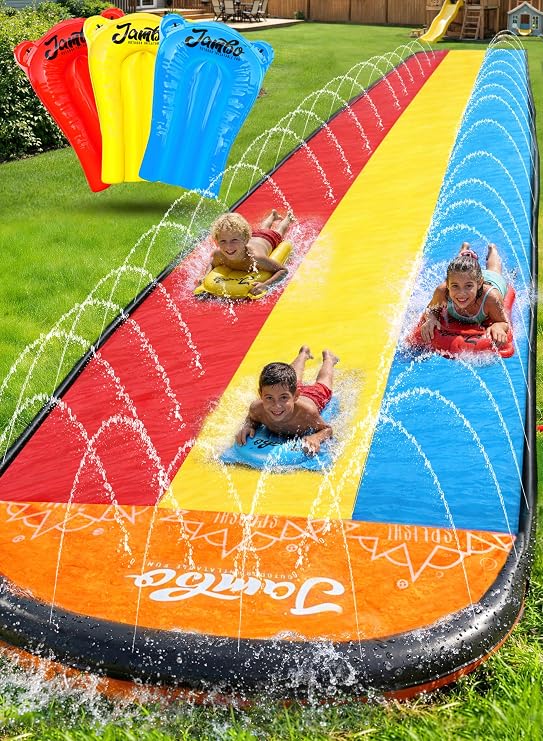 JAMBO 25Ft Premium XXL Slip Splash and Slide with 3 Bodyboards, Heavy Duty Water Slide- Advanced 3-Way Sprinkler System, Splash Mat Splash Pad Backyard Waterslide Outdoor Water Toys n Slides for Kids