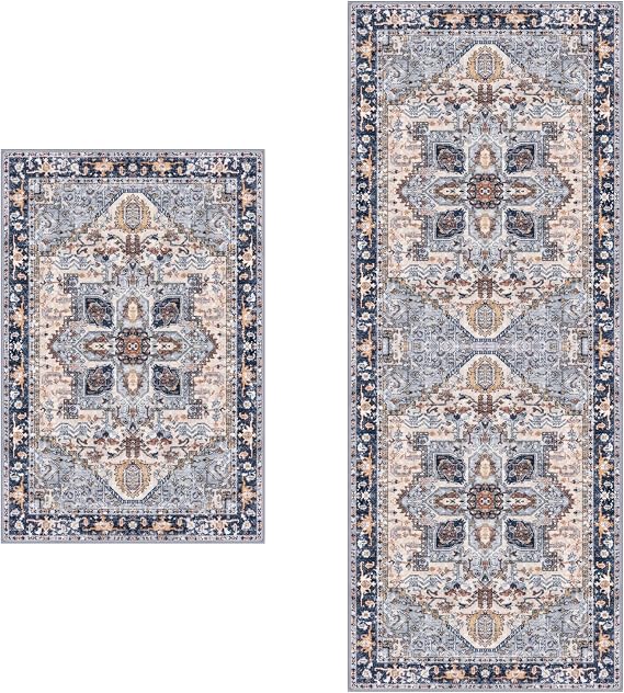 KOZYFLY 2 PCS Small Area Rug 2x3Ft, 2x6 Rugs for Entryway Washable Boho Rug Non Slip Door Mat Indoor Entrance Faux Wool Vintage Printed Kitchen Rug Throw Rugs for Entrance Kitchen, Blue Gray/Cream