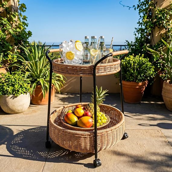GREEN MORE Outdoor Bar Cart, 2 Tier Rolling Patio Cart, Utility Rattan Storage Cart with 4 Wheels, Metal Frame and Table Top, for Garden Swimming Pool Living Room Club, Round