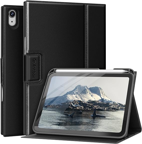 Antbox Case for iPad Mini 7 A17 Pro, iPad Mini 7th/6th Generation (2024/2021) with Pencil Holder Vegan Leather Smart Cover with Auto Sleep/Wake Stand Function (Black)