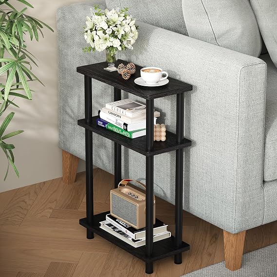 APICIZON Narrow Side Table, Slim Small Table, 3 Tier End Table Living Room, 40x18x61.5cm, Modern Thin Side Tables for Living Room, Bedroom, Sofa, Small Nightstand with Magazine Rack, Wooden, Black