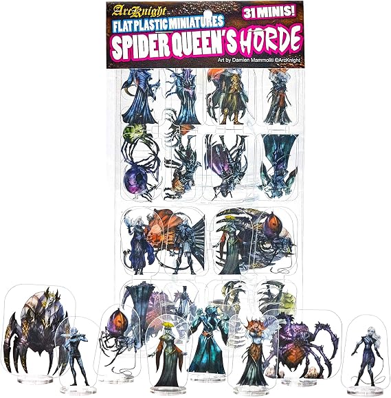 Arcknight Flat Plastic Miniatures: Spider Queen's HORDE; 31 Unique Arachnid and Drow-Themed Enemy Minis for DnD 5e and Pathfinder; Affordable, Skinny Figurines for Dungeons and Dragons and TTRPG games